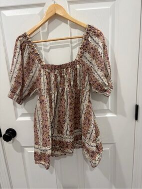 Free People Pink Floral Square-Neck Peasant Top